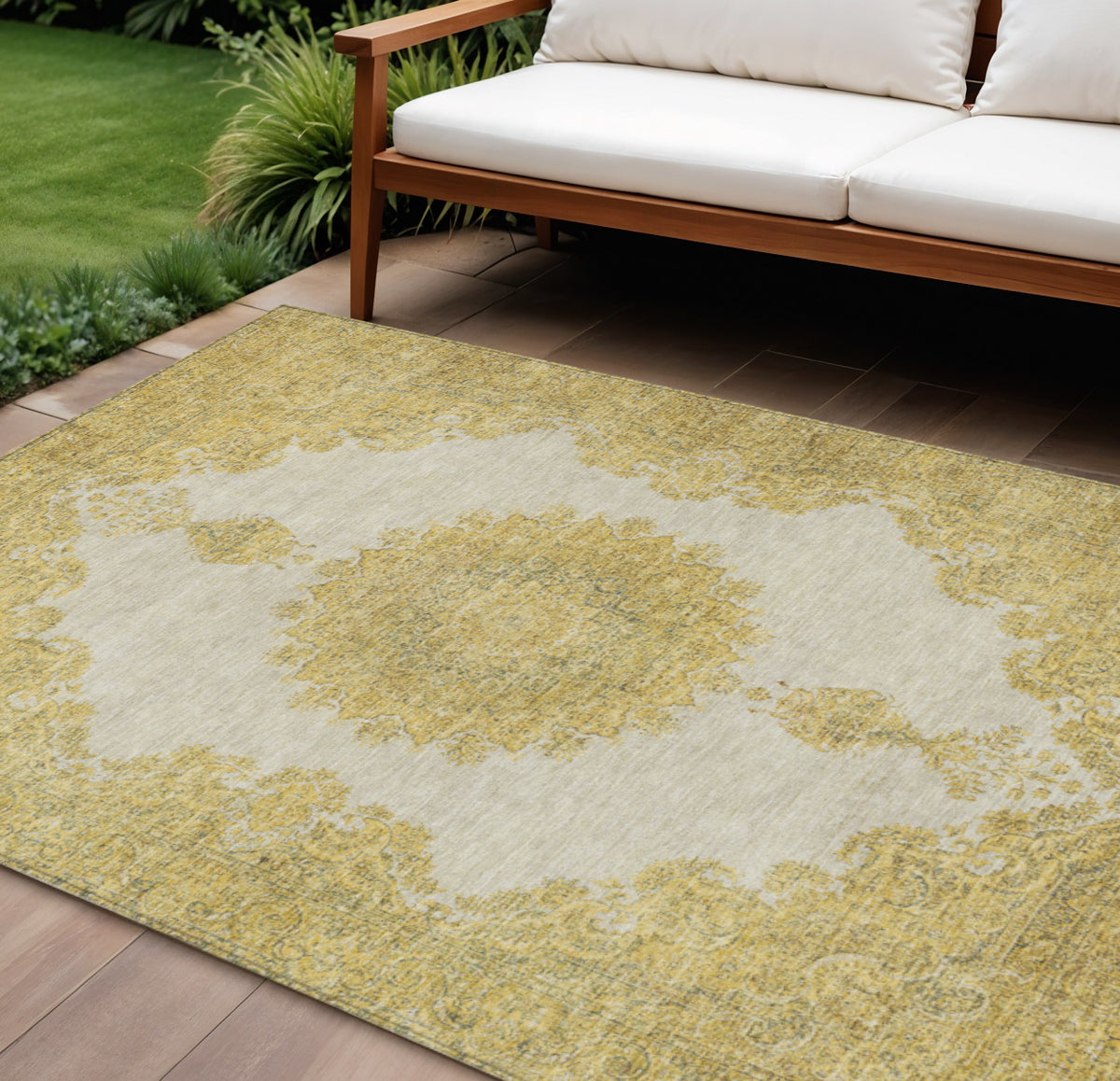 10' X 14' Gold And Ivory Oriental Washable Indoor Outdoor Area Rug