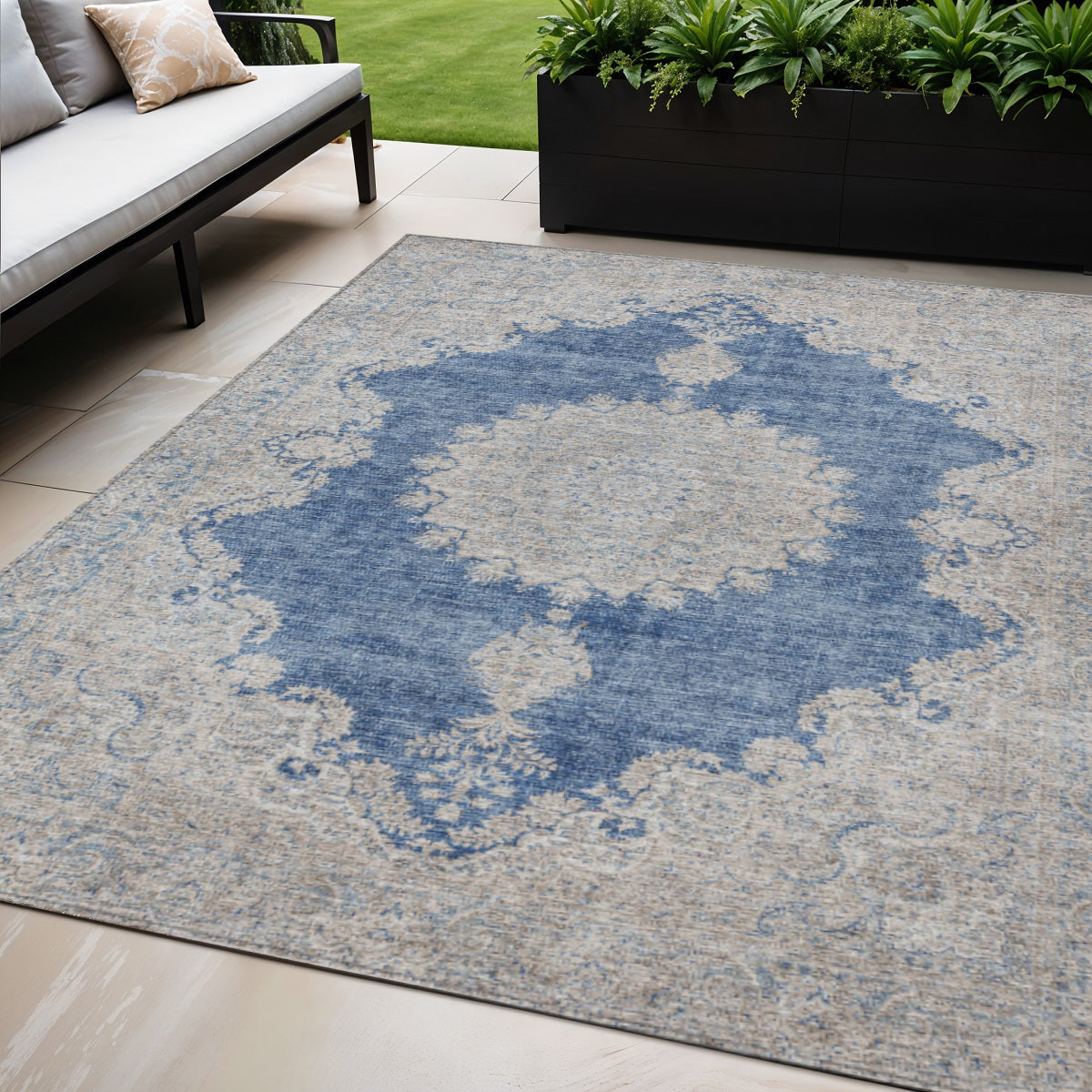 5' X 8' Navy Blue And Ivory Oriental Washable Indoor Outdoor Area Rug