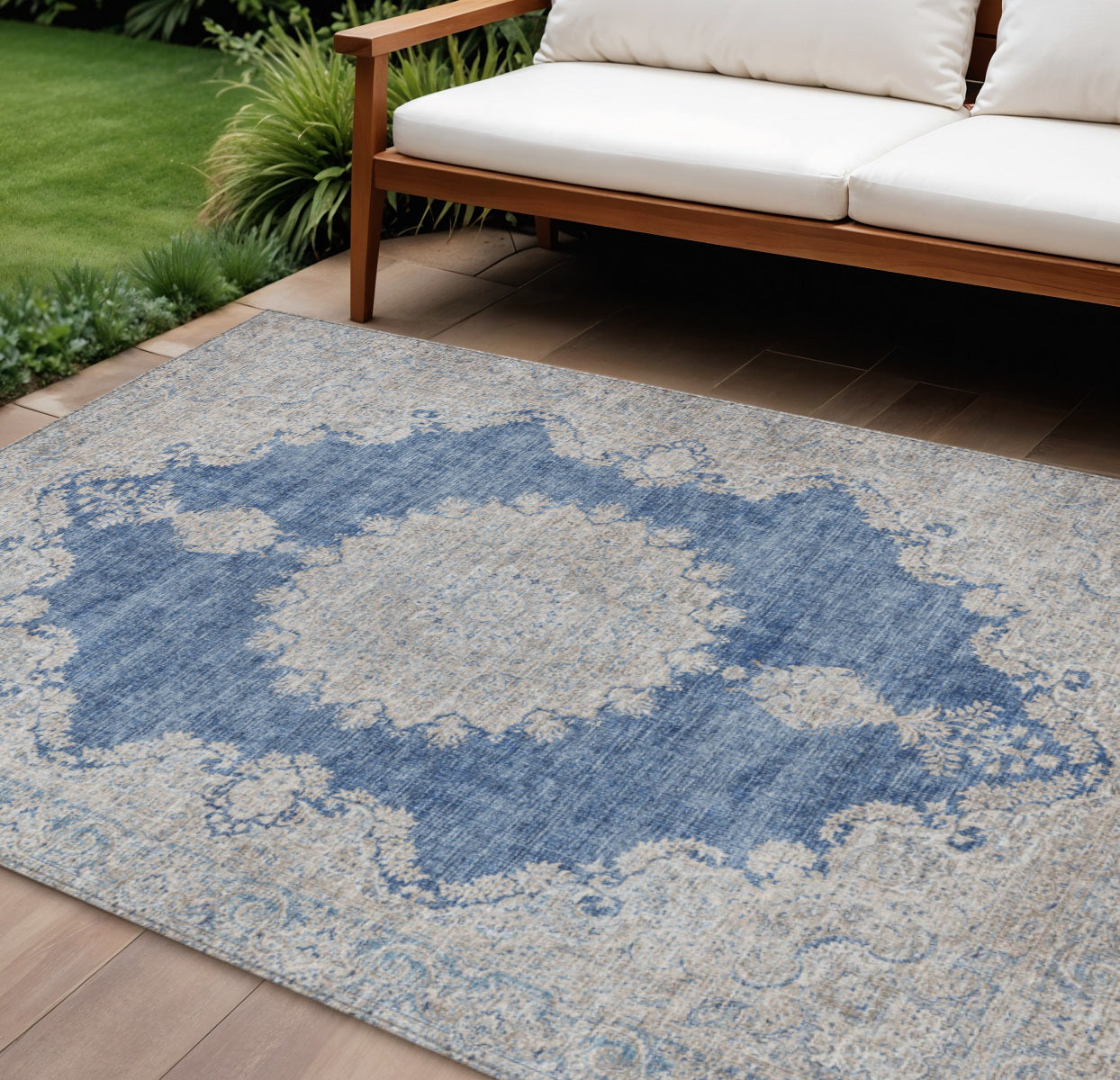 9' X 12' Navy Blue And Ivory Oriental Washable Indoor Outdoor Area Rug
