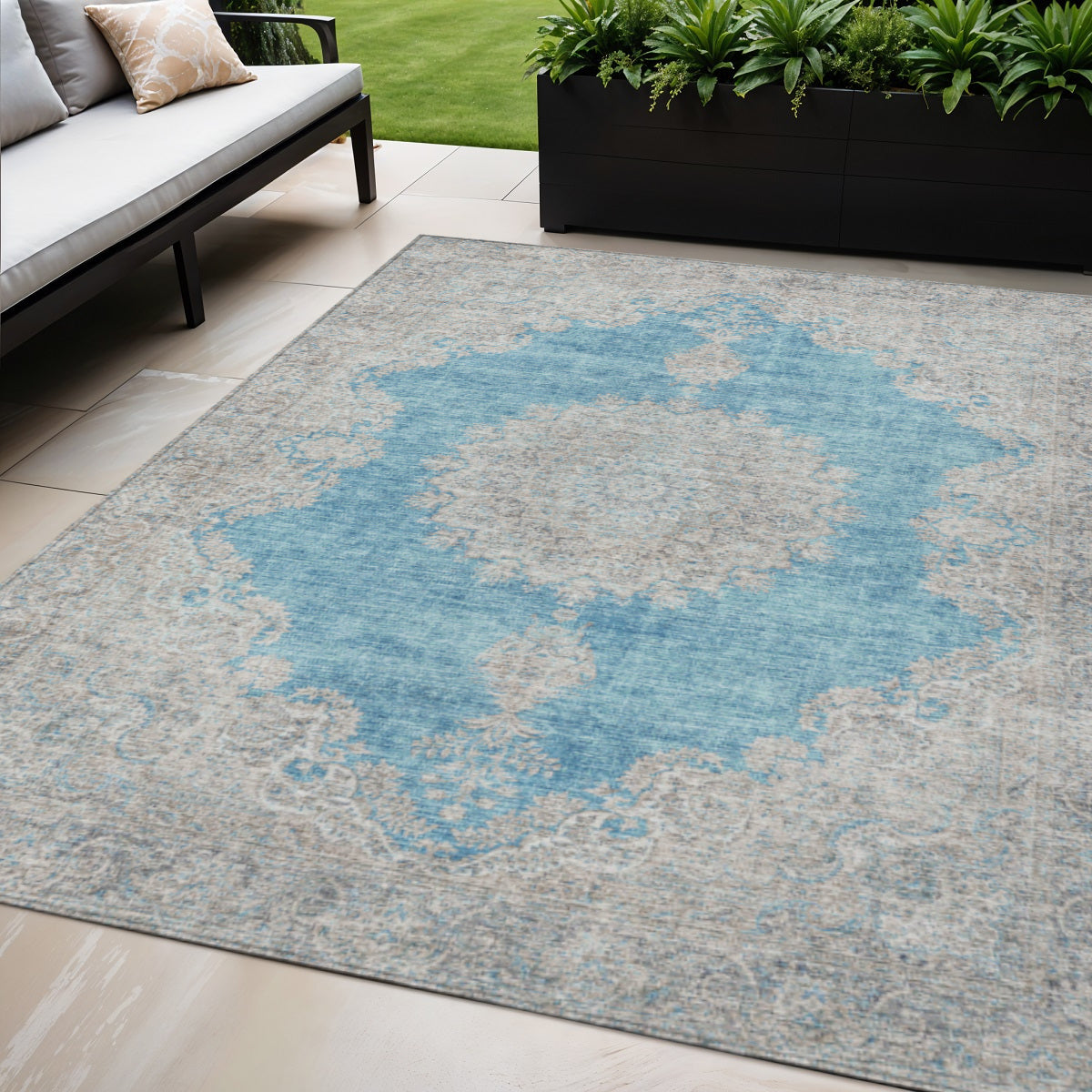 5' X 8' Teal Blue And Gray Oriental Washable Indoor Outdoor Area Rug