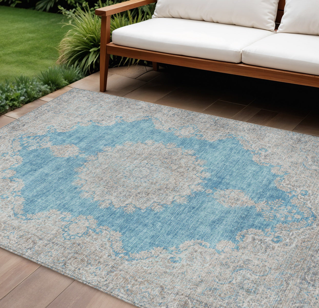 9' X 12' Teal Blue And Gray Oriental Washable Indoor Outdoor Area Rug