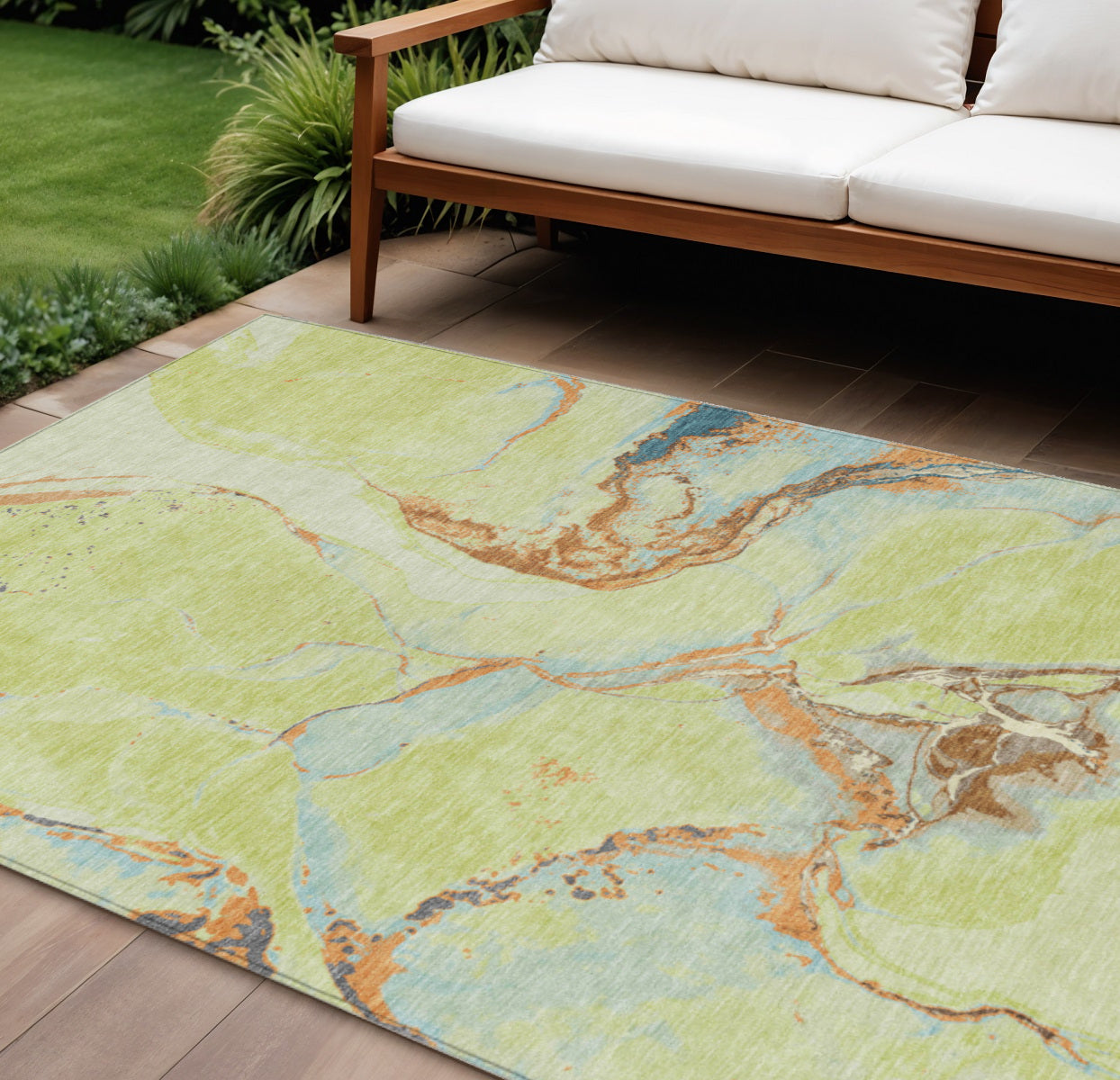 9' X 12' Artichoke Green Blue And Brown Abstract Washable Indoor Outdoor Area Rug