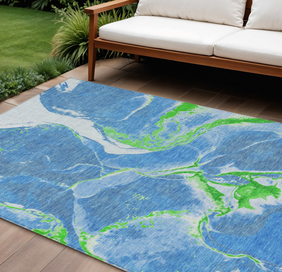 9' X 12' Denim Blue Neon Green And Ivory Abstract Washable Indoor Outdoor Area Rug