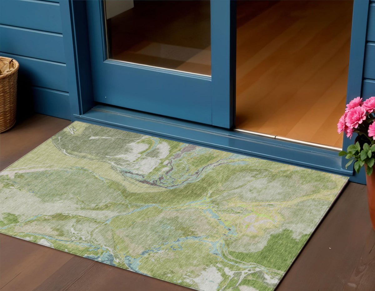 3' X 5' Green Blue And Gray Abstract Washable Indoor Outdoor Area Rug