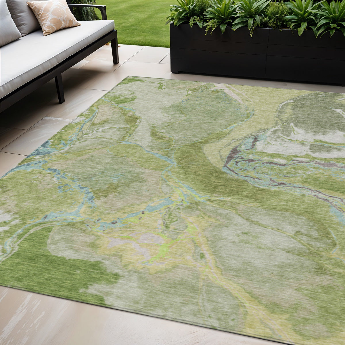 5' X 8' Green Blue And Gray Abstract Washable Indoor Outdoor Area Rug