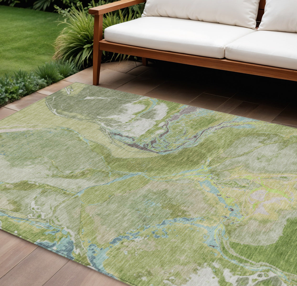 8' X 10' Green Blue And Gray Abstract Washable Indoor Outdoor Area Rug