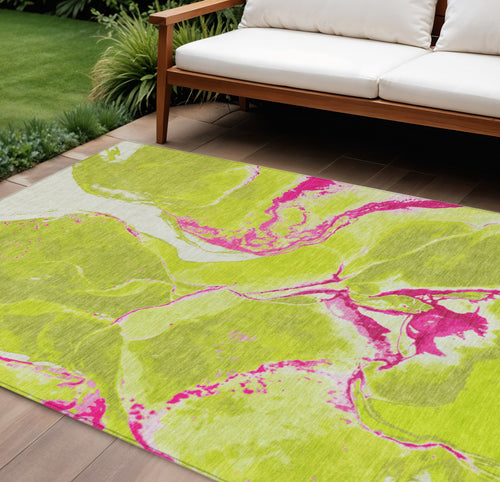 10' X 14' Lime Green Neon Pink And Ivory Abstract Washable Indoor Outdoor Area Rug