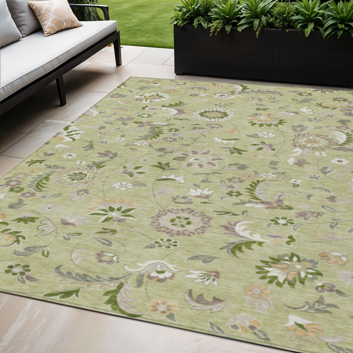 5' X 8' Artichoke Green Gray And Brown Floral Washable Indoor Outdoor Area Rug
