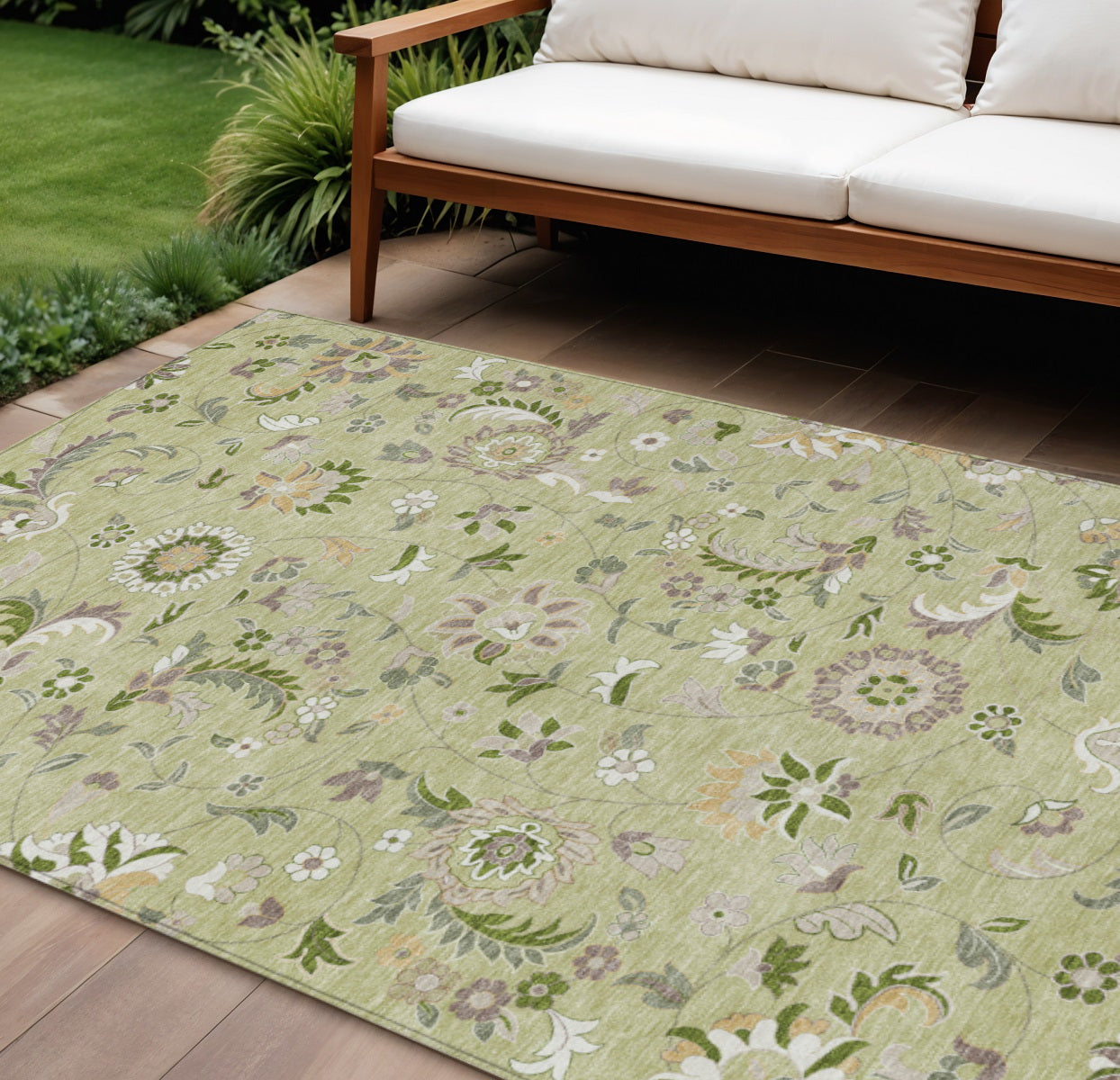 10' X 14' Artichoke Green Gray And Brown Floral Washable Indoor Outdoor Area Rug