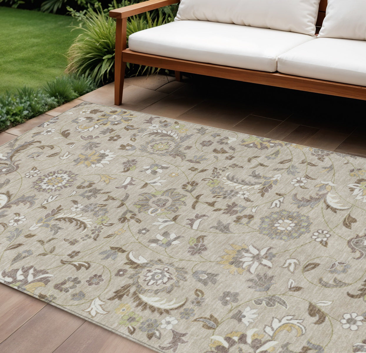 10' X 14' Beige Brown And Gray Floral Washable Indoor Outdoor Area Rug