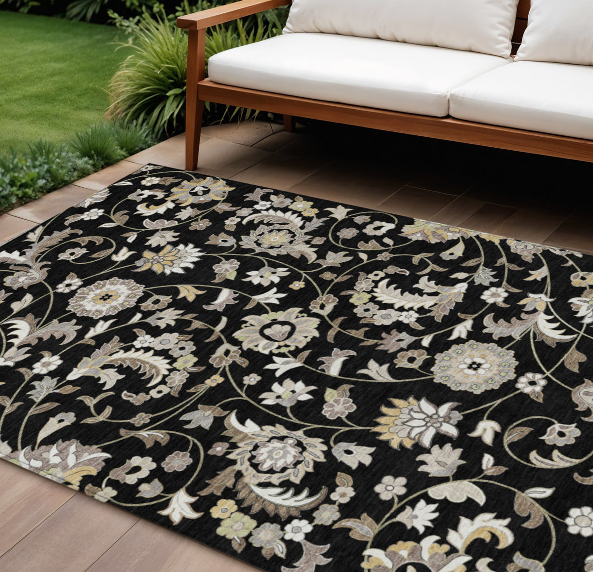9' X 12' Black Beige And Ivory Floral Washable Indoor Outdoor Area Rug