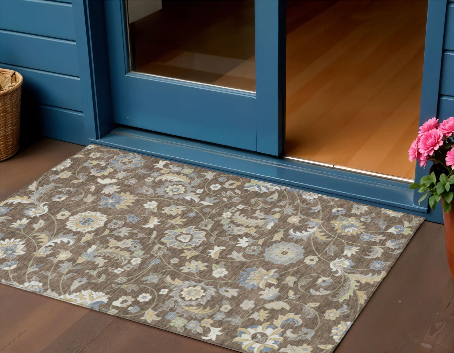 3' X 5' Chocolate Beige And Blue Floral Washable Indoor Outdoor Area Rug