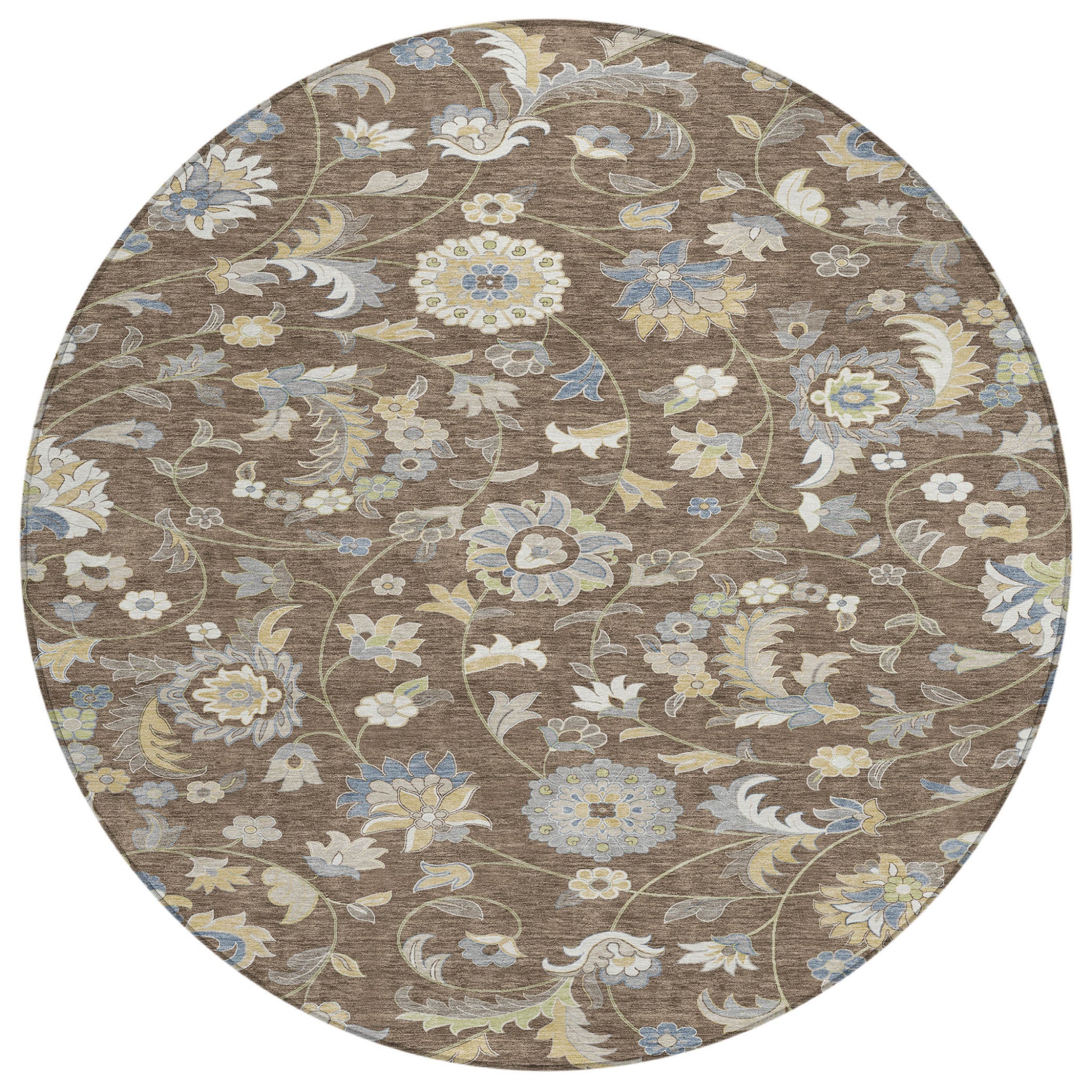 8' Chocolate Beige And Blue Round Floral Washable Indoor Outdoor Area Rug