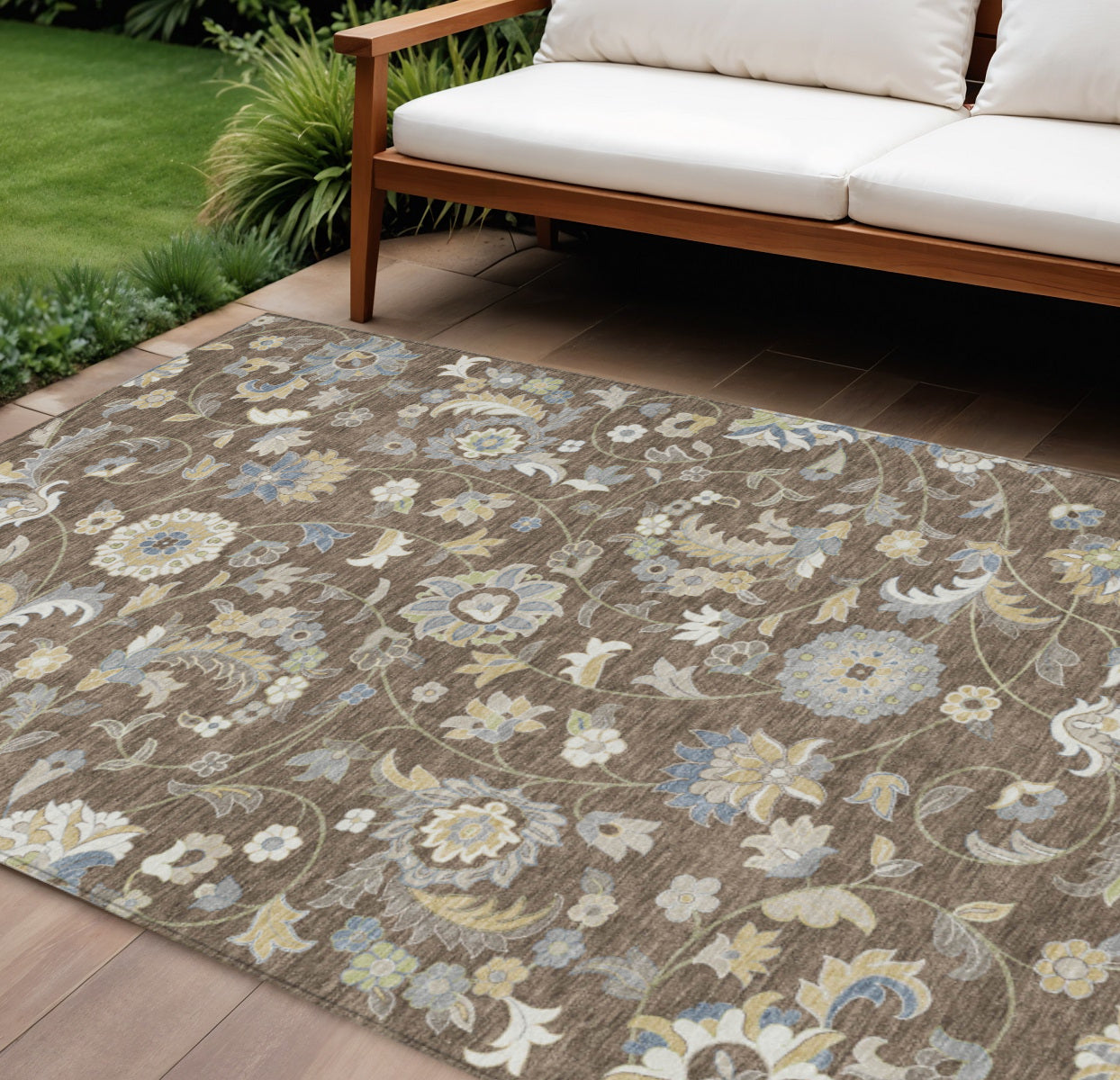 10' X 14' Chocolate Beige And Blue Floral Washable Indoor Outdoor Area Rug