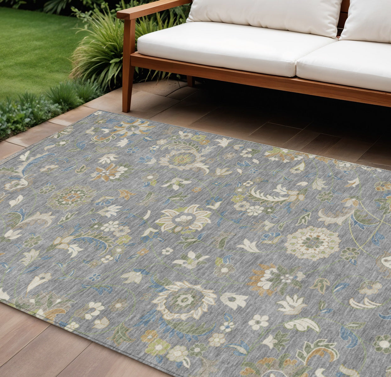 9' X 12' Gray Blue And Green Floral Washable Indoor Outdoor Area Rug