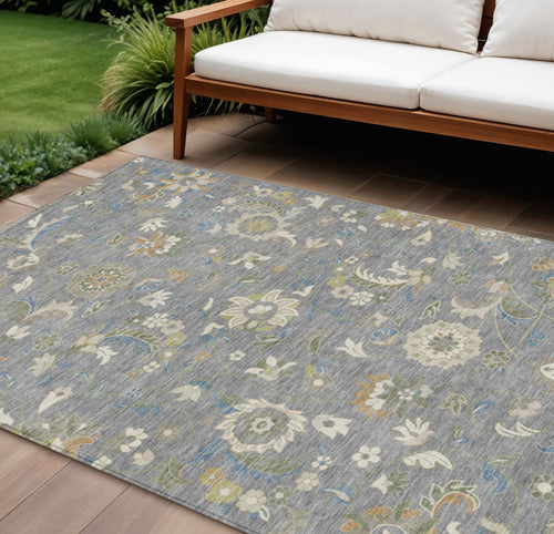 10' X 14' Gray Blue And Green Floral Washable Indoor Outdoor Area Rug