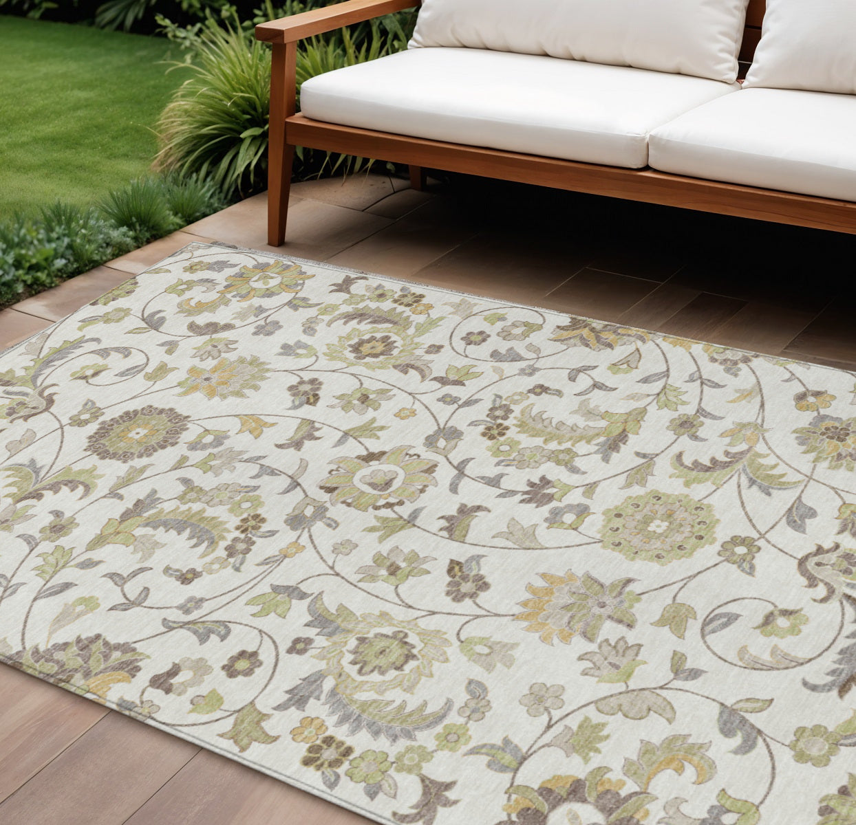 8' X 10' Ivory Brown And Green Floral Washable Indoor Outdoor Area Rug