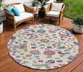 8' Linen Pink And Denim Blue Round Floral Washable Indoor Outdoor Area Rug
