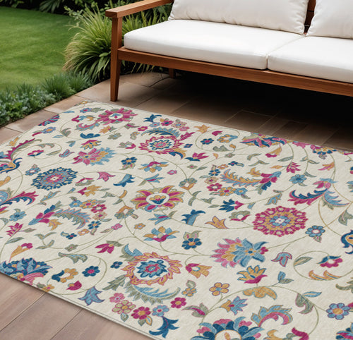 10' X 14' Linen Pink And Denim Blue Floral Washable Indoor Outdoor Area Rug