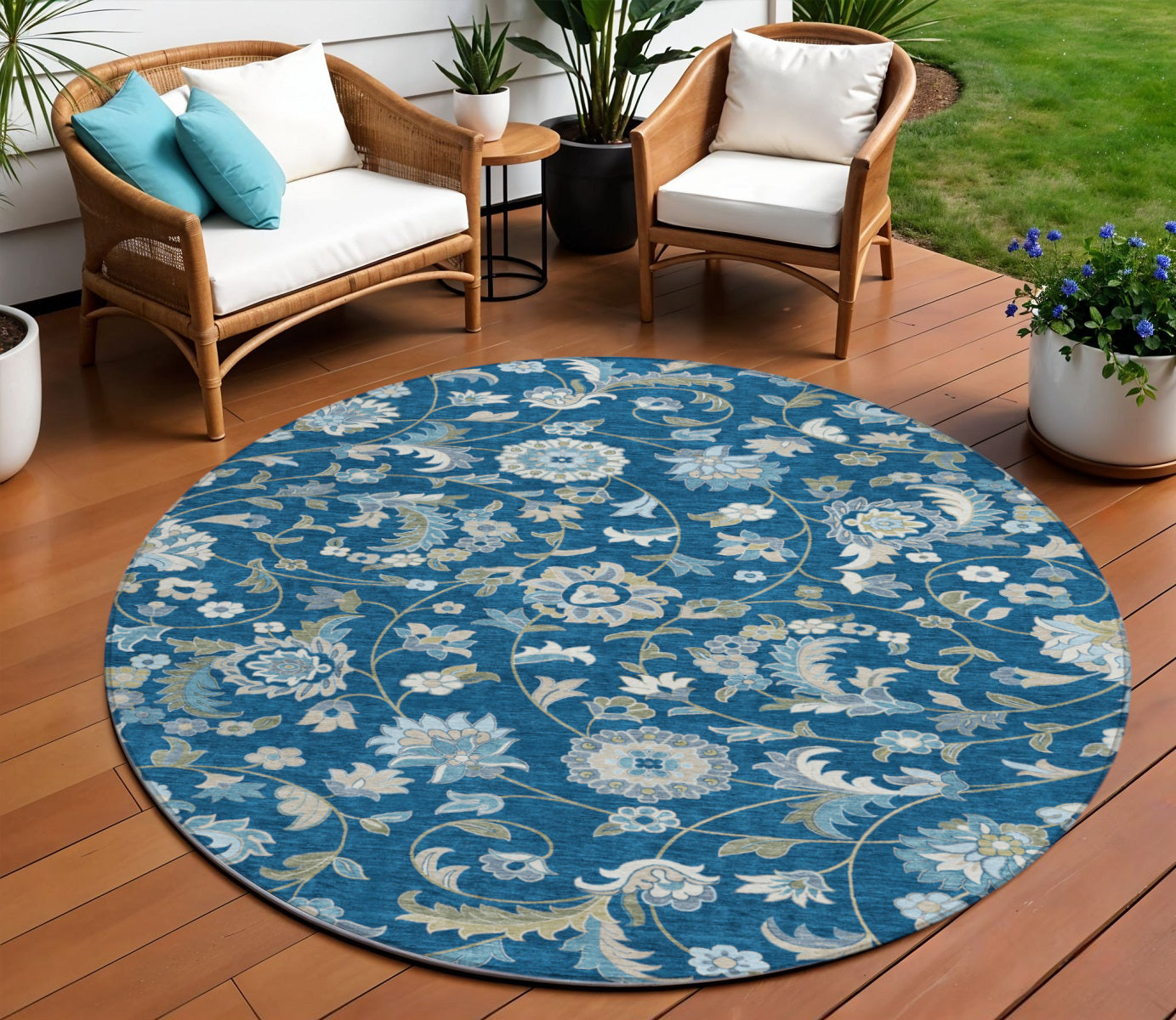 8' Navy Blue Ivory And Gray Round Floral Washable Indoor Outdoor Area Rug
