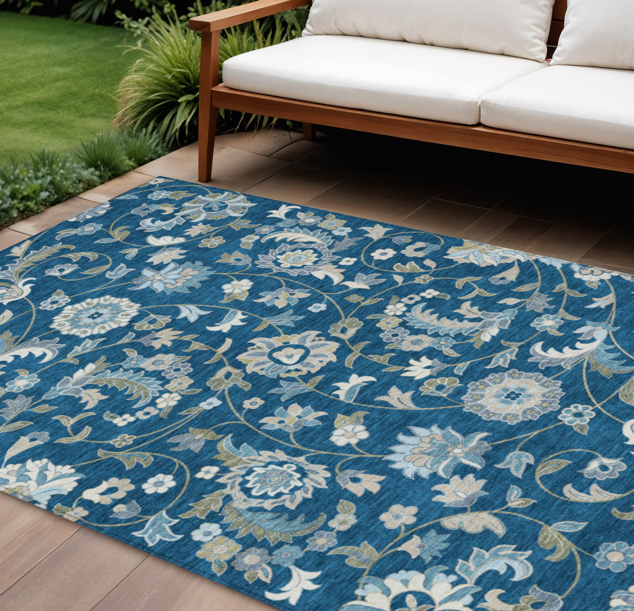 9' X 12' Navy Blue Ivory And Gray Floral Washable Indoor Outdoor Area Rug