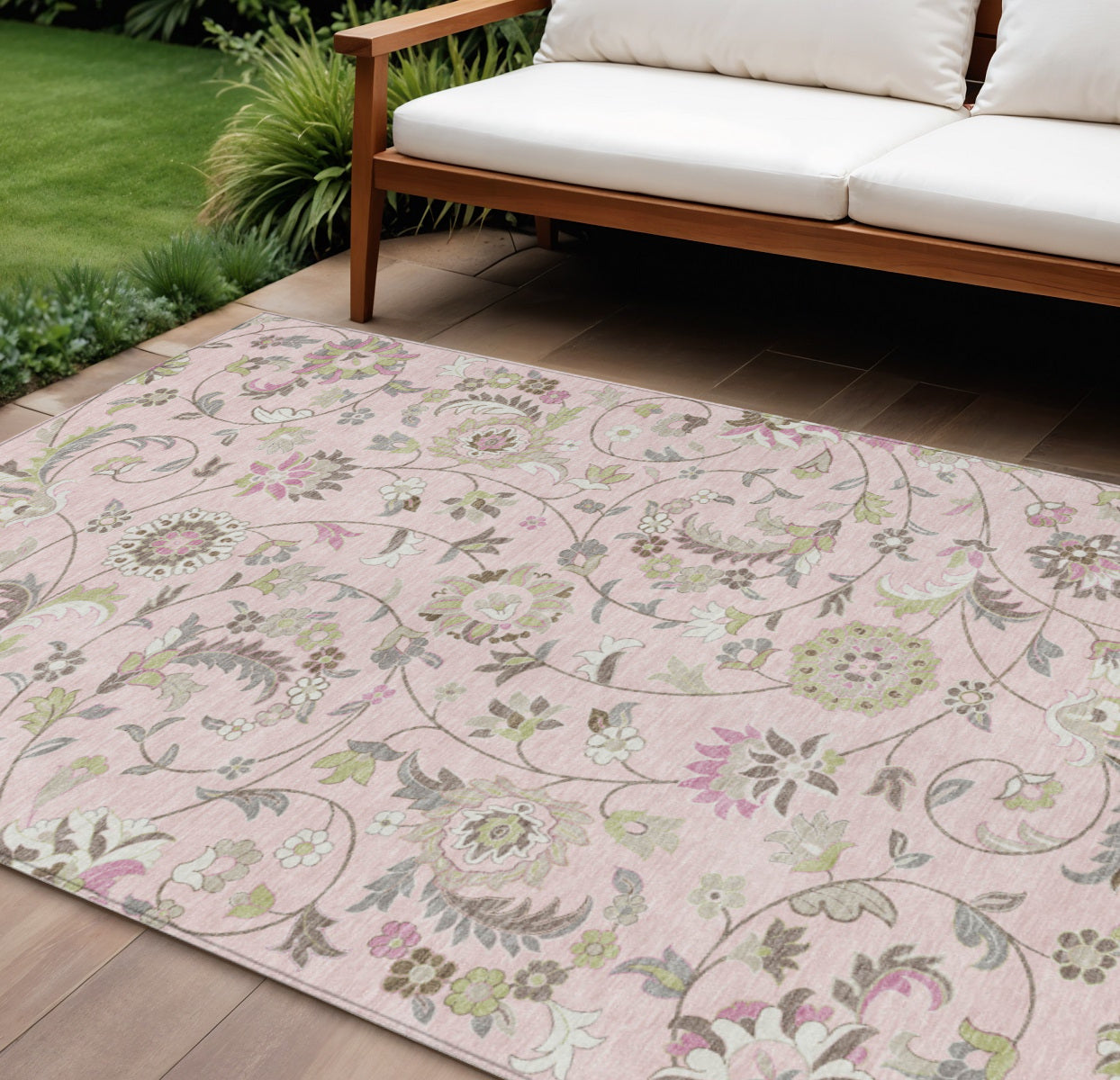 9' X 12' Pink Green And Gray Floral Washable Indoor Outdoor Area Rug