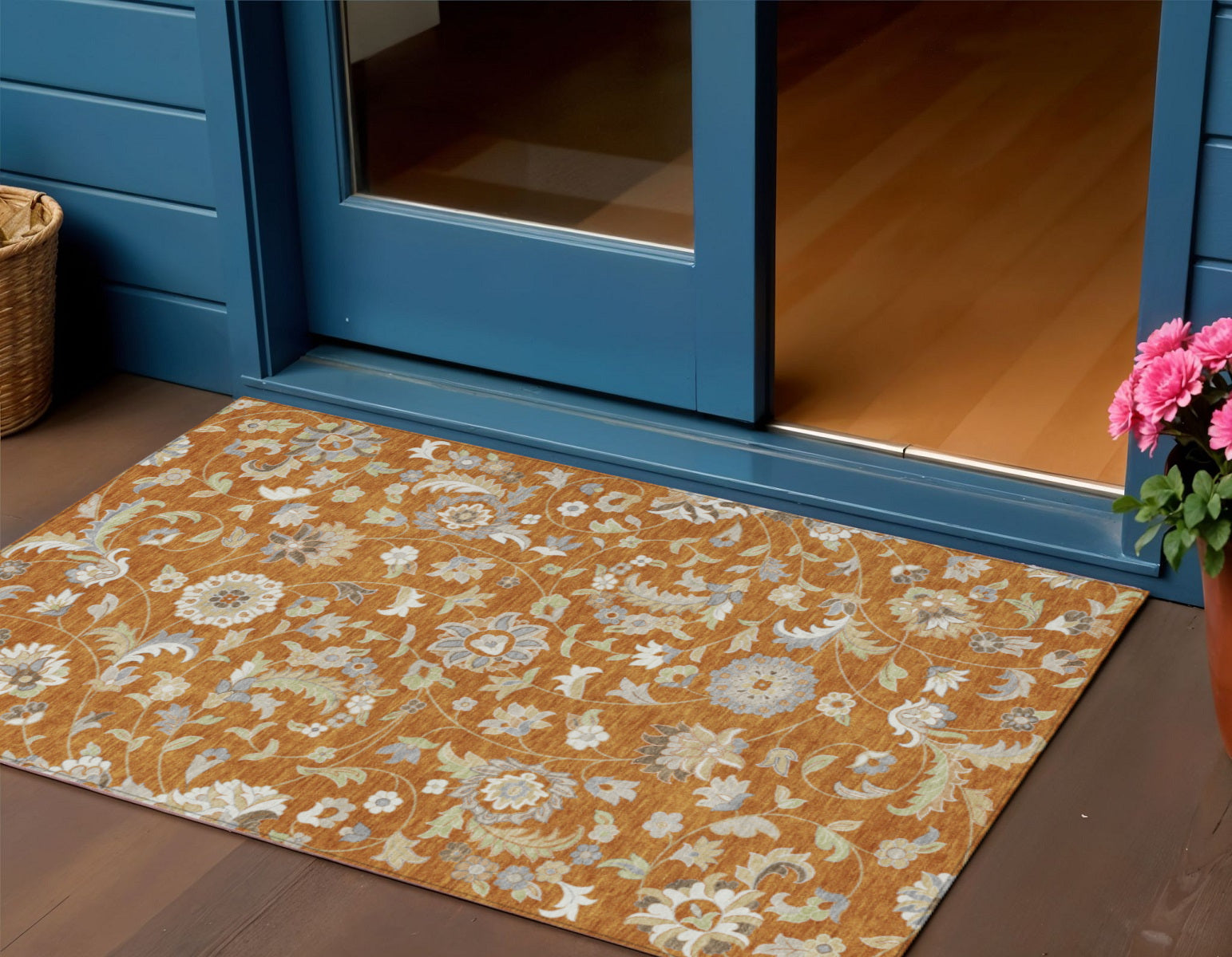 3' X 5' Copper Green And Gray Floral Washable Indoor Outdoor Area Rug