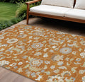 9' X 12' Copper Green And Gray Floral Washable Indoor Outdoor Area Rug