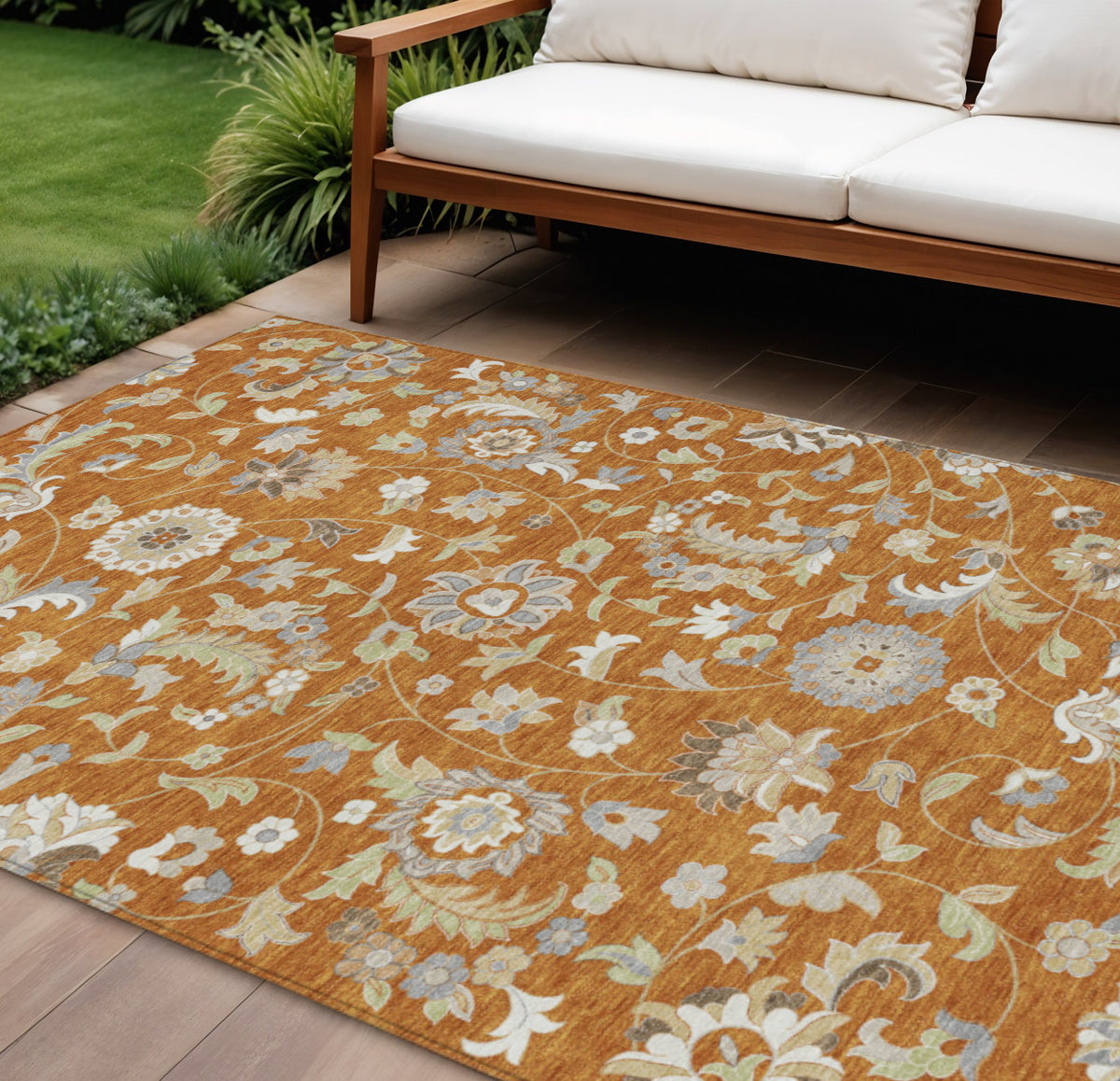 9' X 12' Copper Green And Gray Floral Washable Indoor Outdoor Area Rug
