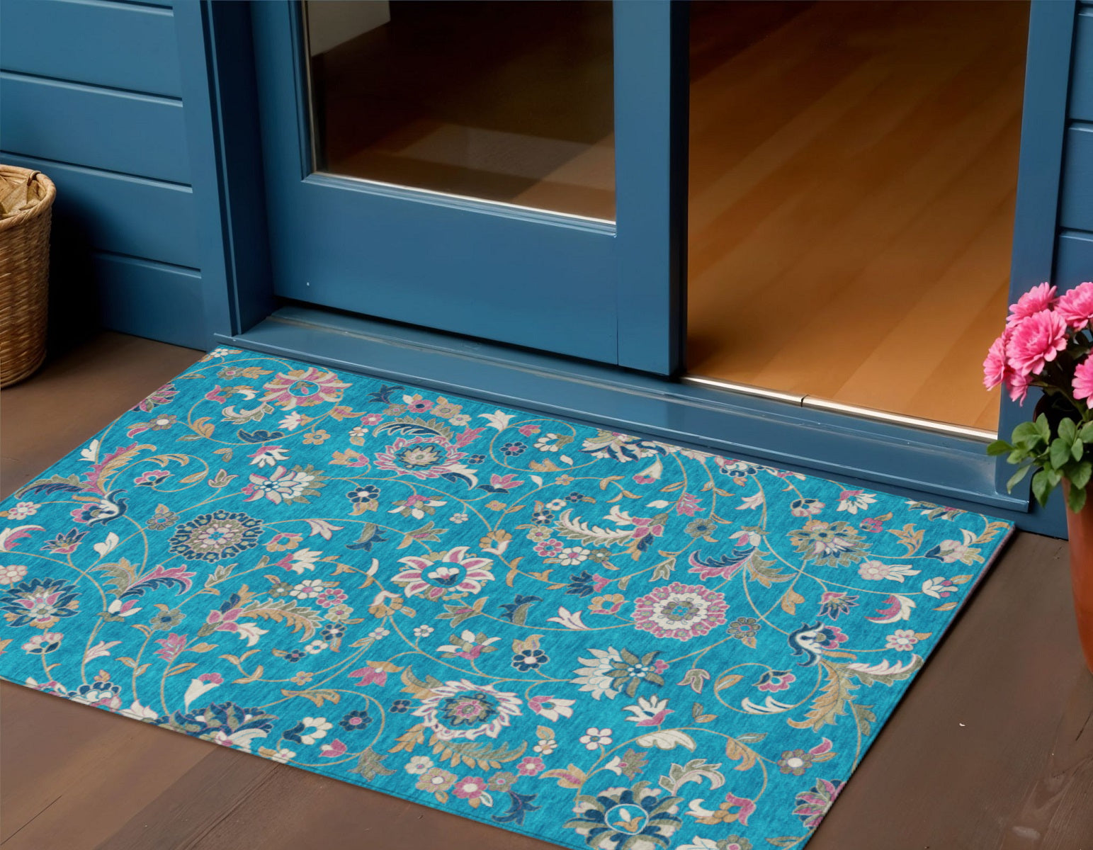 3' X 5' Teal Blue Ivory And Pink Floral Washable Indoor Outdoor Area Rug