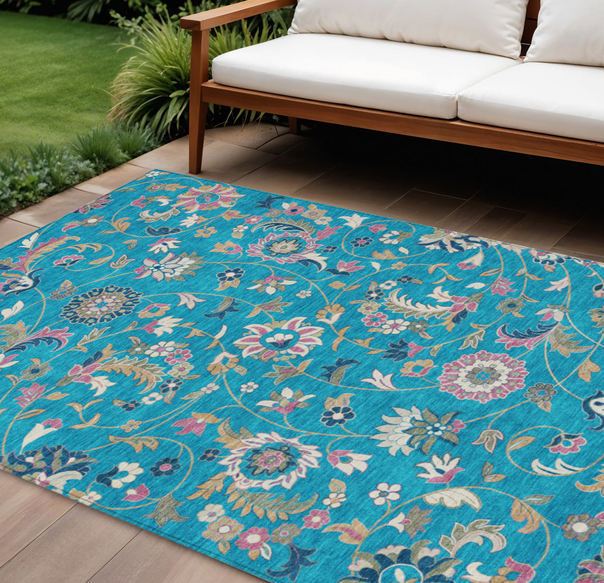 8' X 10' Teal Blue Ivory And Pink Floral Washable Indoor Outdoor Area Rug