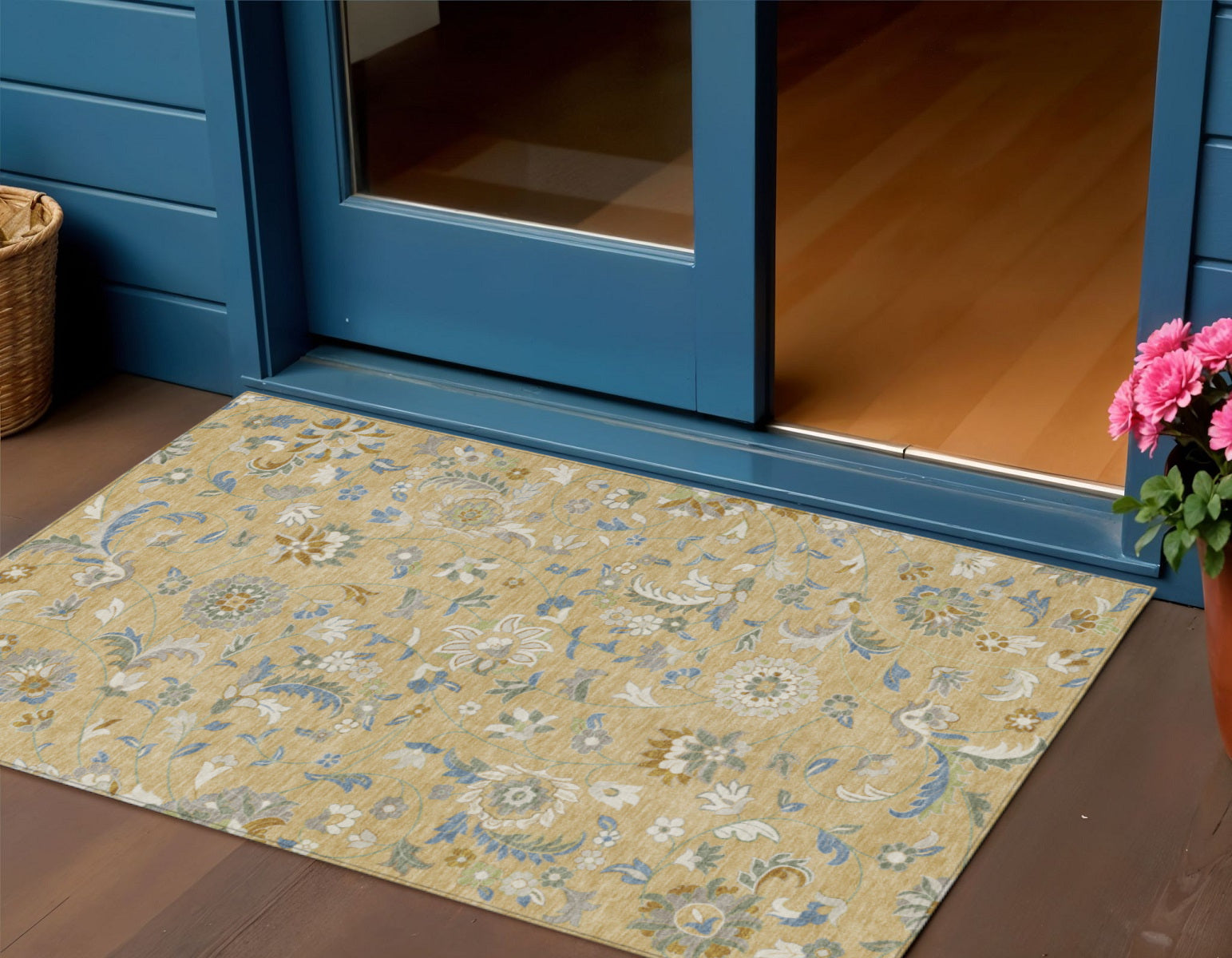 3' X 5' Wheat Blue And Ivory Floral Washable Indoor Outdoor Area Rug