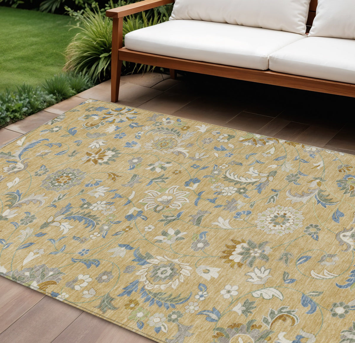 9' X 12' Wheat Blue And Ivory Floral Washable Indoor Outdoor Area Rug