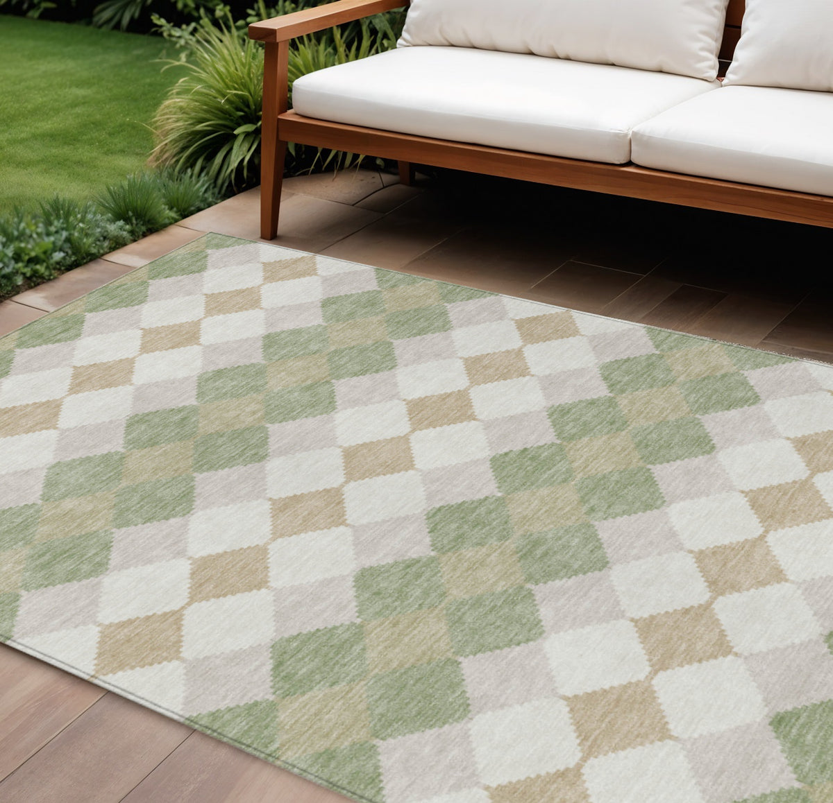 9' X 12' Artichoke Green Ivory And Beige Geometric Washable Indoor Outdoor Area Rug