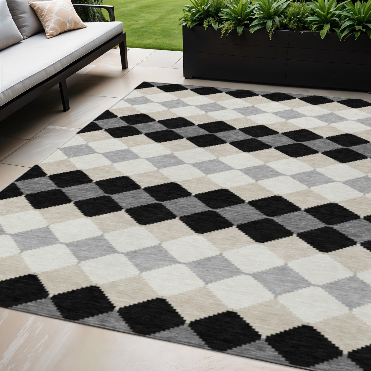 5' X 8' Black Ivory And Beige Geometric Washable Indoor Outdoor Area Rug