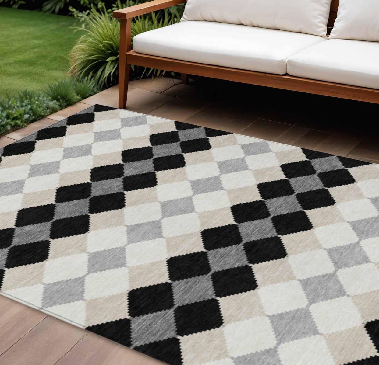 10' X 14' Black Ivory And Beige Geometric Washable Indoor Outdoor Area Rug
