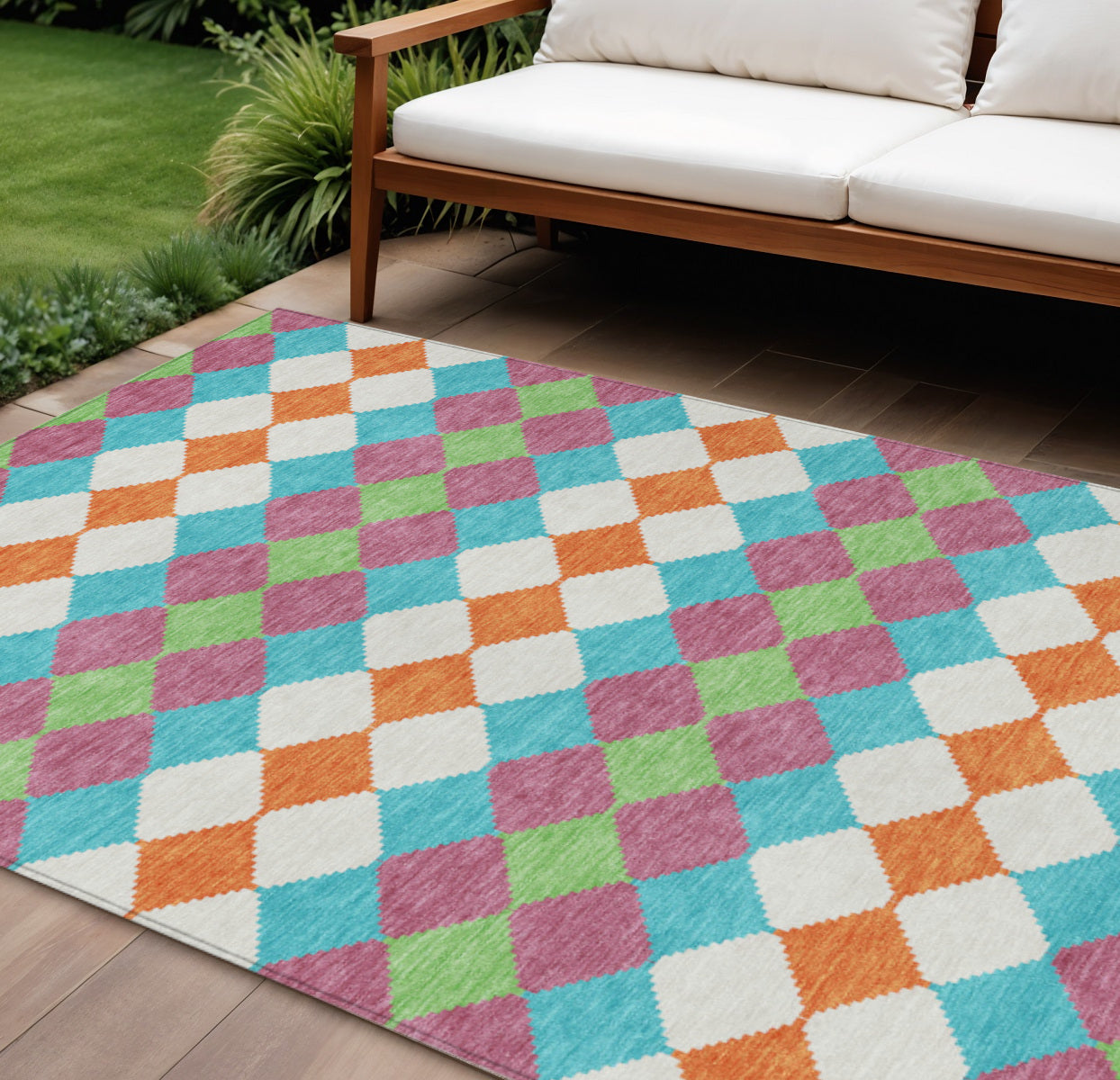 10' X 14' Blush Blue And Copper Geometric Washable Indoor Outdoor Area Rug