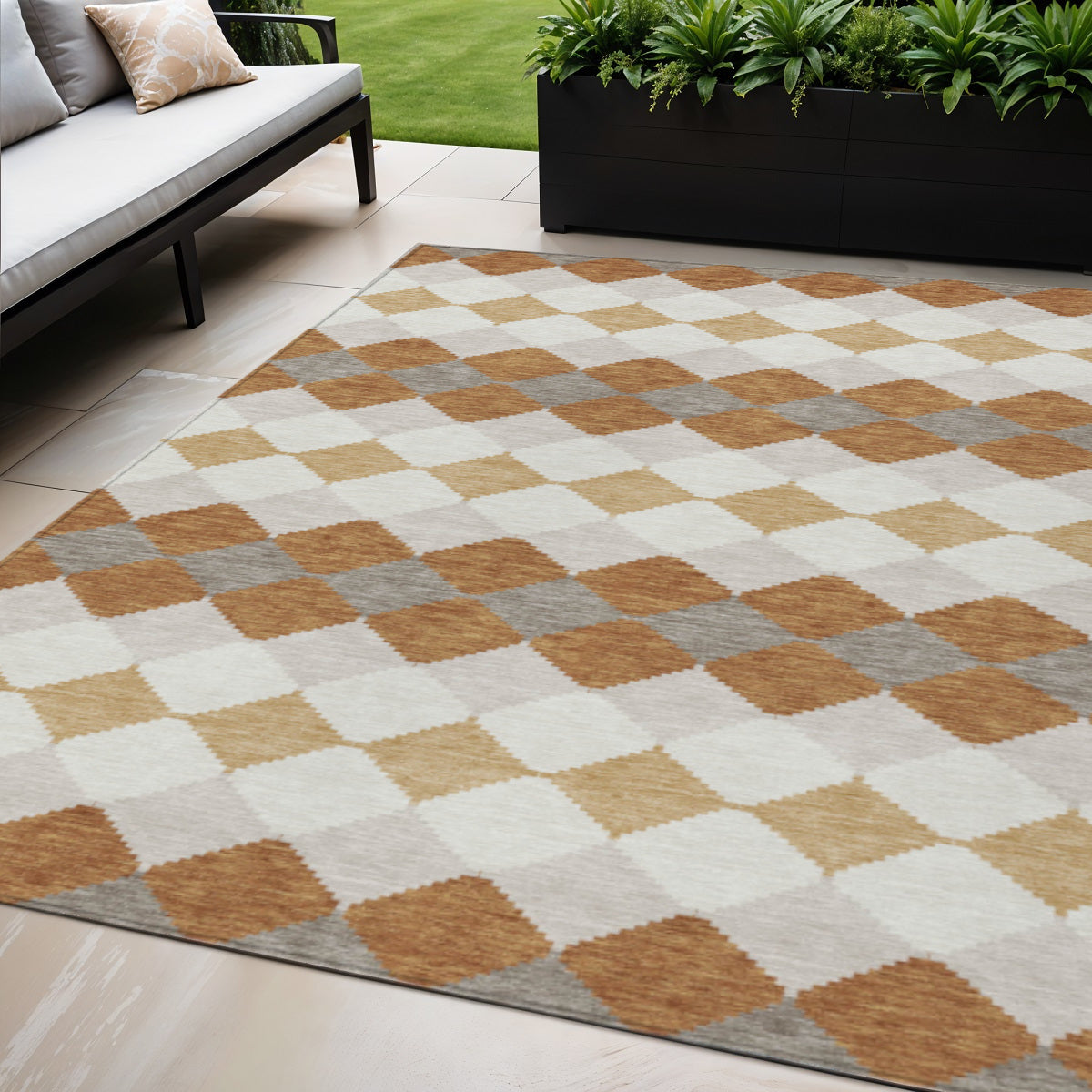 5' X 8' Copper Beige And Ivory Geometric Washable Indoor Outdoor Area Rug