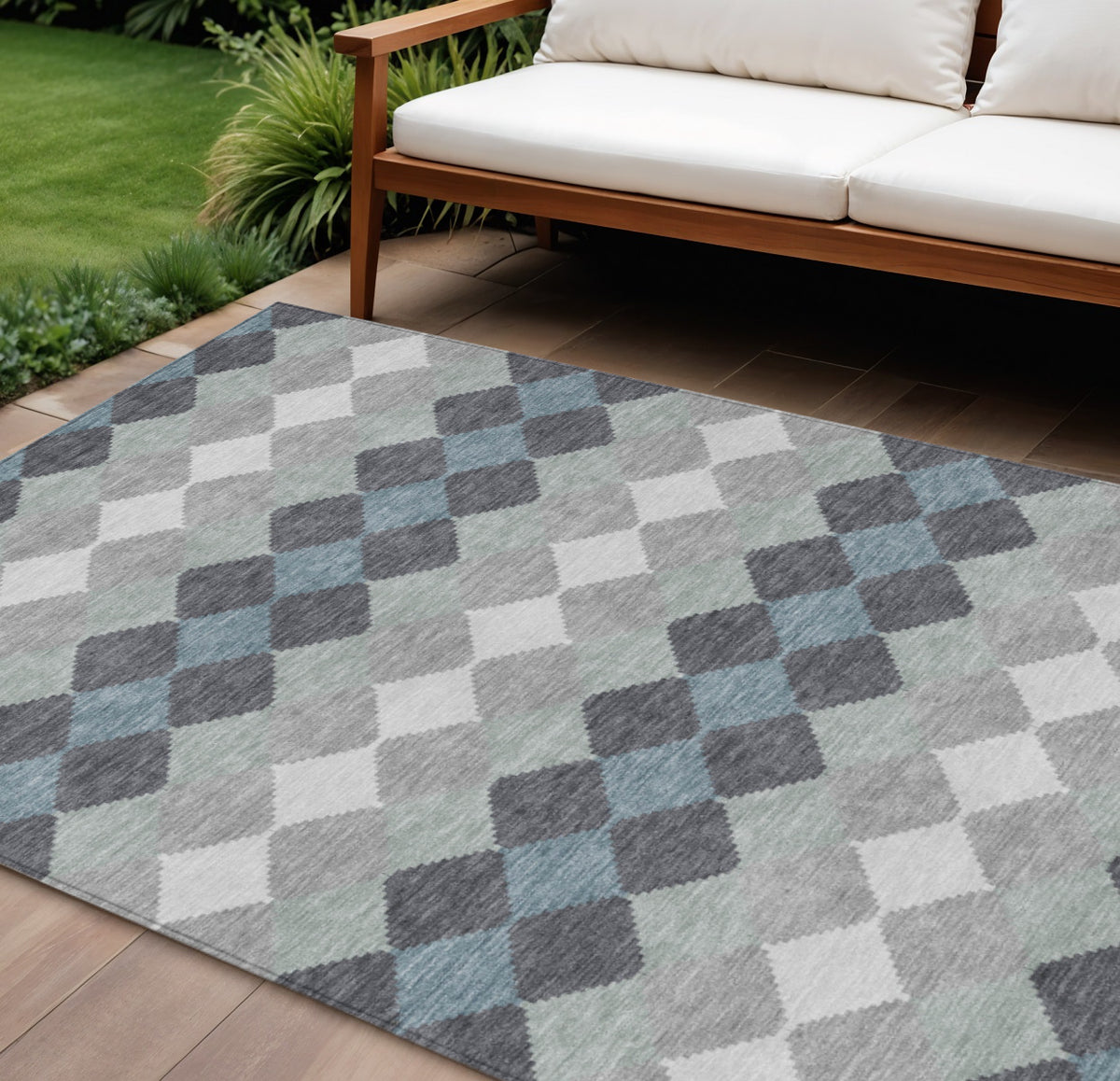 9' X 12' Gray Black And Green Geometric Washable Indoor Outdoor Area Rug