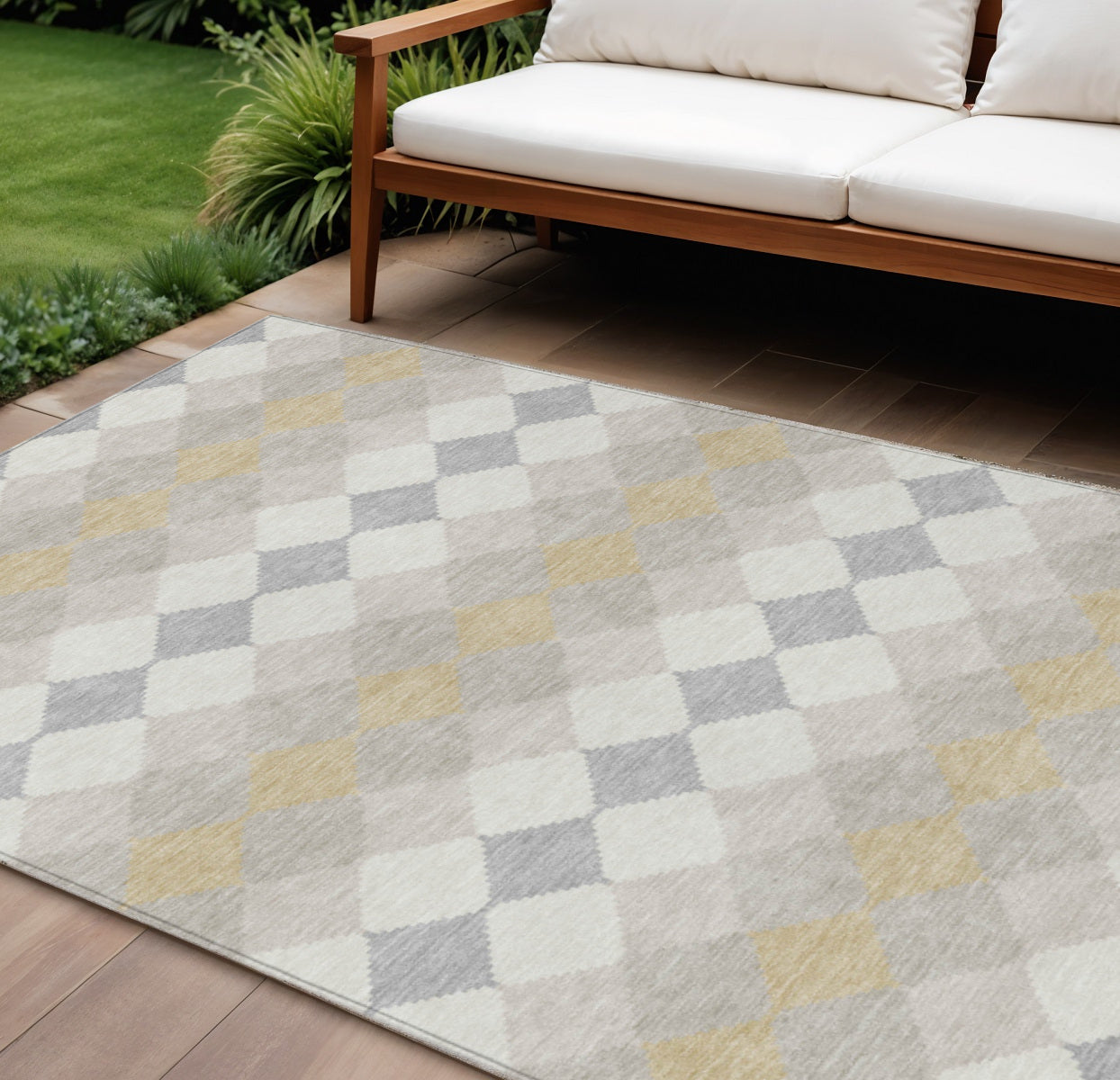 9' X 12' Ivory Gray And Gold Geometric Washable Indoor Outdoor Area Rug