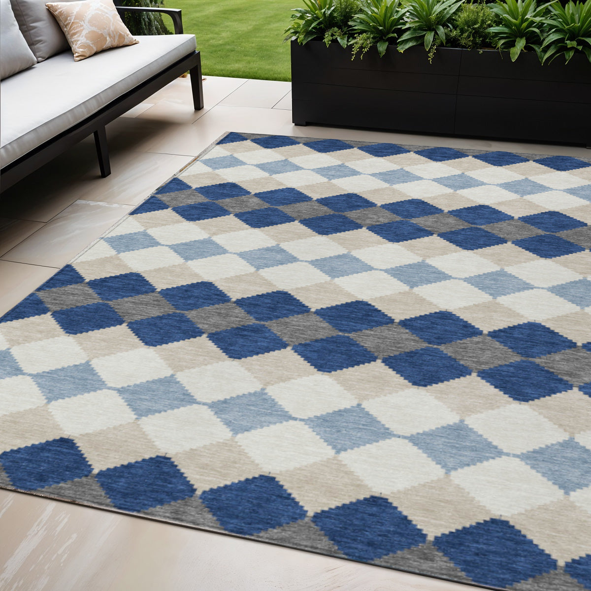 5' X 8' Navy Blue Ivory And Beige Geometric Washable Indoor Outdoor Area Rug