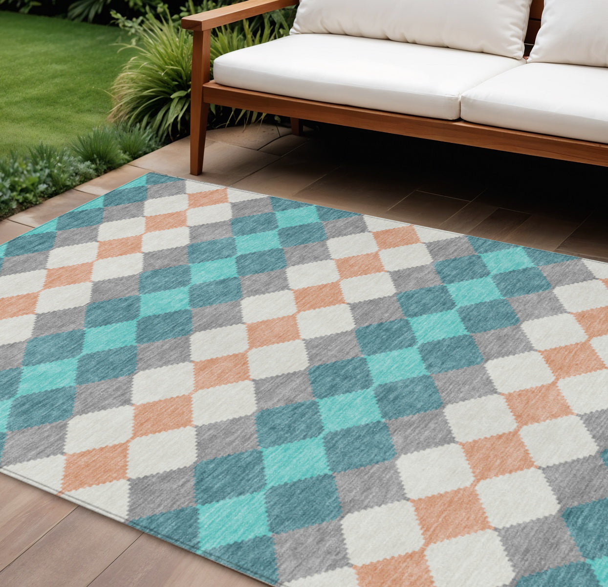 9' X 12' Teal Blue Gray And Copper Geometric Washable Indoor Outdoor Area Rug