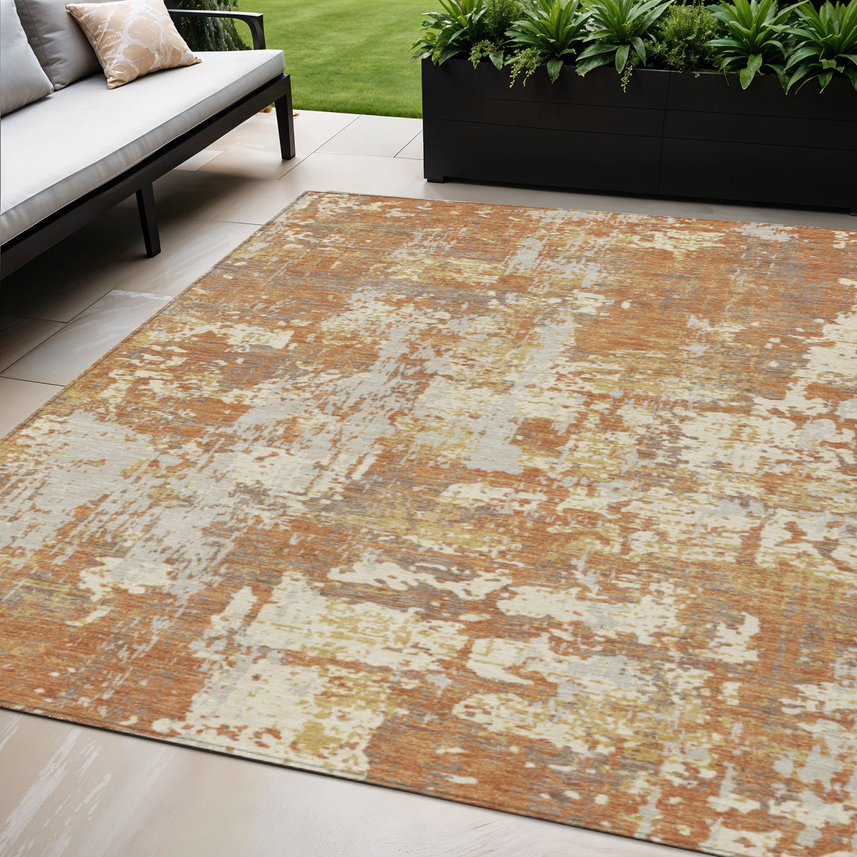 5' X 8' Copper Gold And Ivory Abstract Washable Indoor Outdoor Area Rug