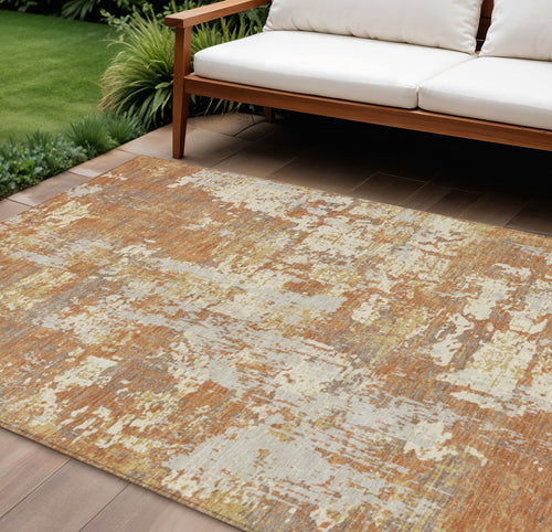10' X 14' Copper Gold And Ivory Abstract Washable Indoor Outdoor Area Rug