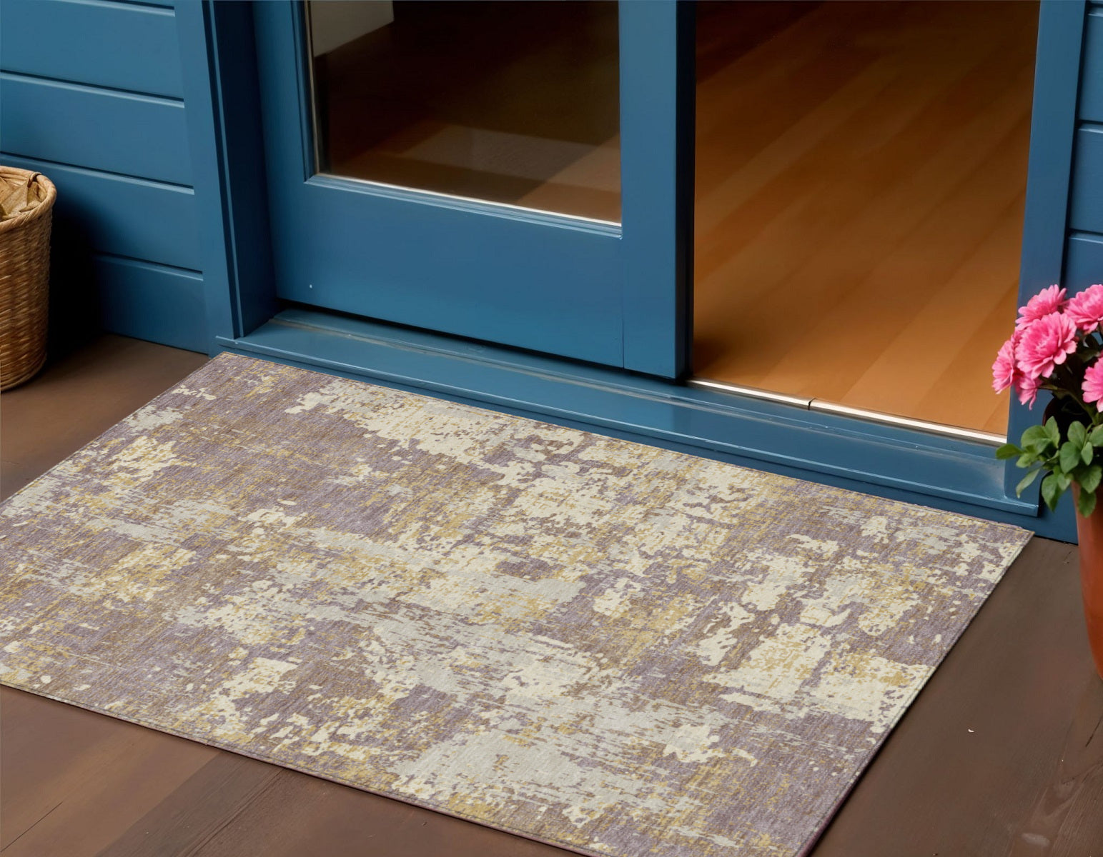 3' X 5' Lavender Gold And Beige Abstract Washable Indoor Outdoor Area Rug