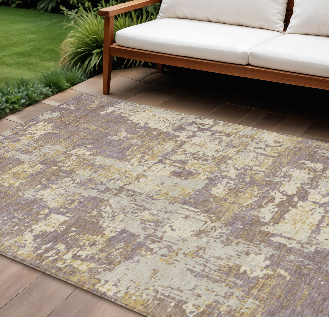 9' X 12' Lavender Gold And Beige Abstract Washable Indoor Outdoor Area Rug