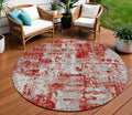 8' Red Gray And Ivory Round Abstract Washable Indoor Outdoor Area Rug