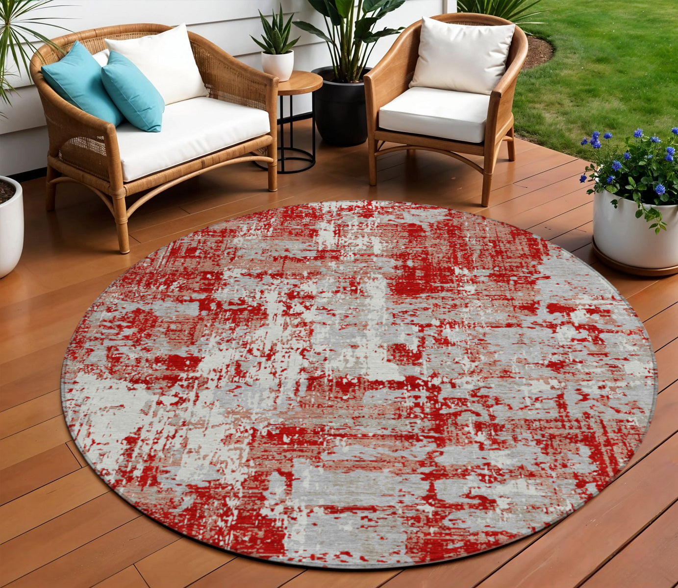 8' Red Gray And Ivory Round Abstract Washable Indoor Outdoor Area Rug