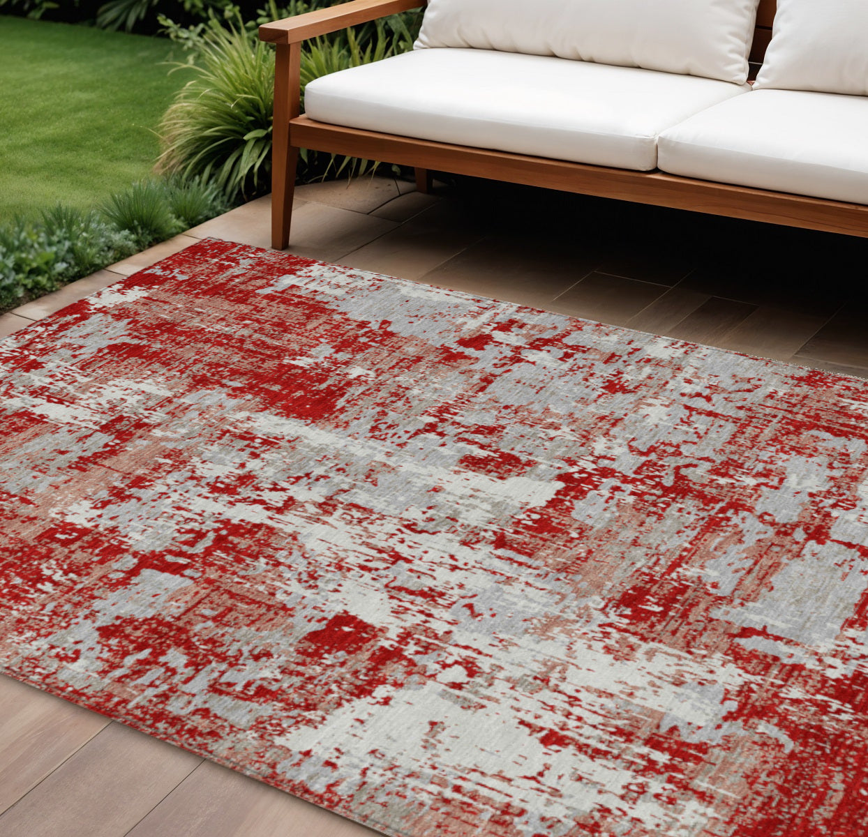 9' X 12' Red Gray And Ivory Abstract Washable Indoor Outdoor Area Rug