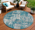 8' Teal Blue Gray And Ivory Round Abstract Washable Indoor Outdoor Area Rug